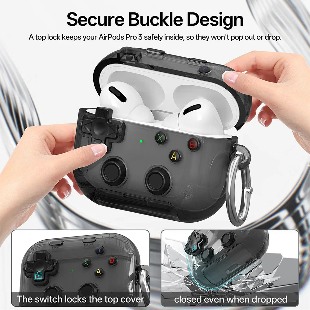 Grey transparent gaming controller-style protective case for AirPods Pro, featuring a secure locking buckle.