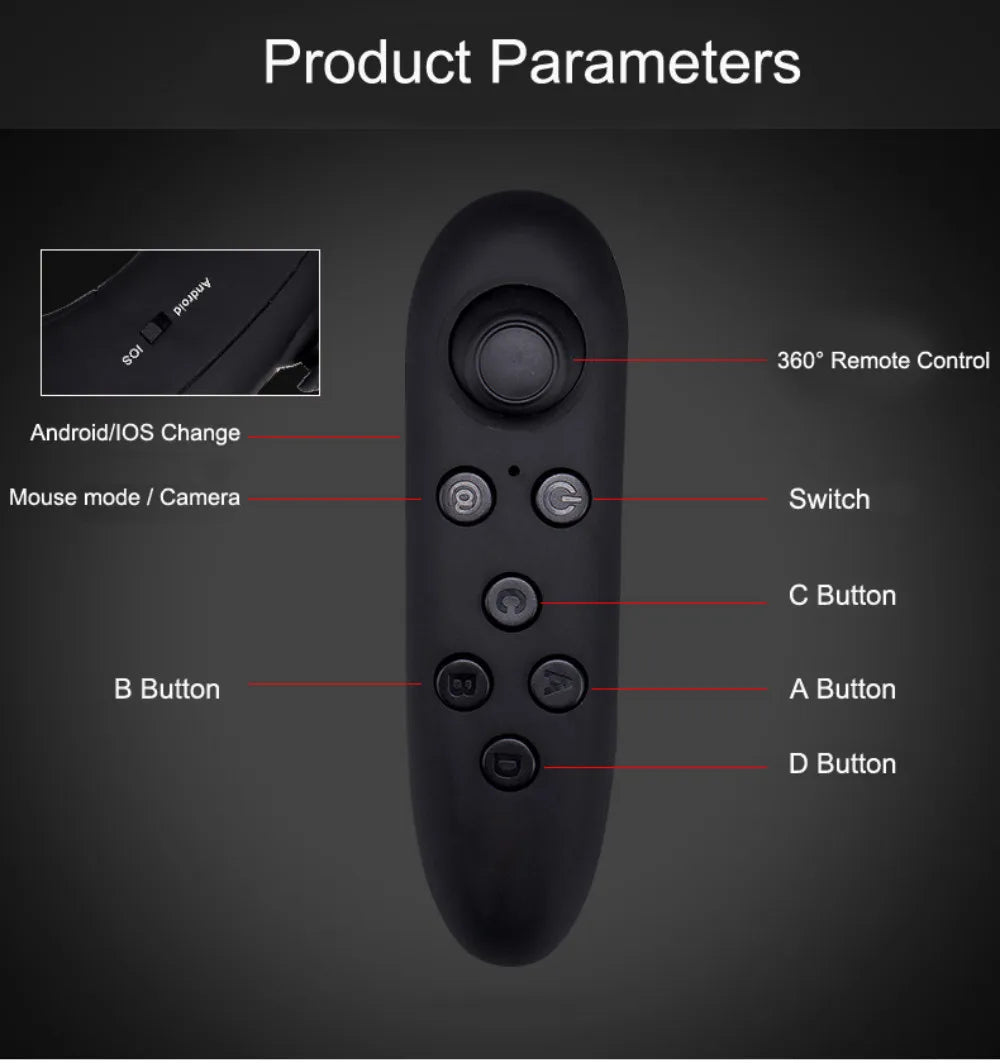 Black, oval-shaped Bluetooth remote controller with a joystick and multi-function buttons for Android and iOS devices.
