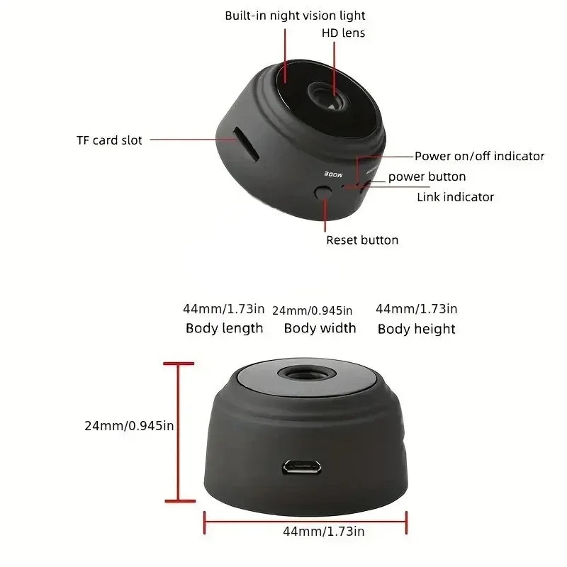 Small black plastic mini security camera with HD lens, night vision, TF card slot, and power/reset buttons.