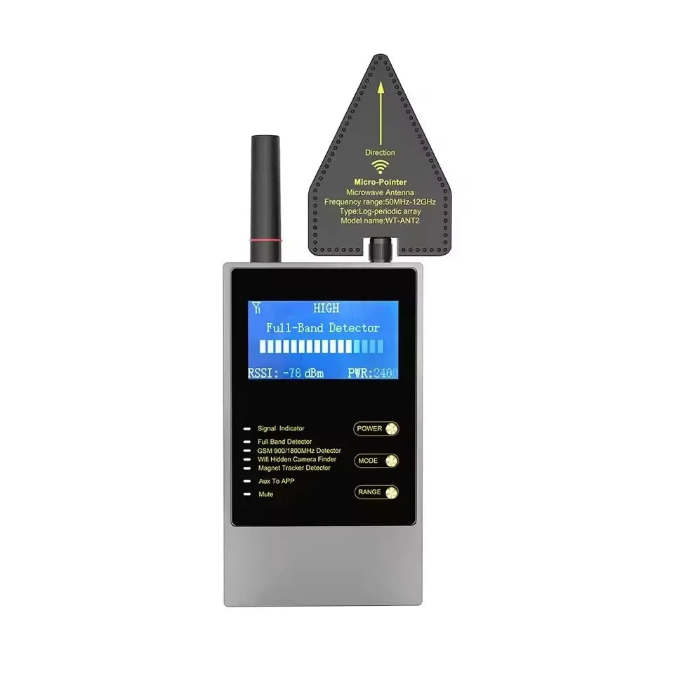 A silver, portable wireless signal detector with a digital screen, signal antenna, and dedicated function buttons.