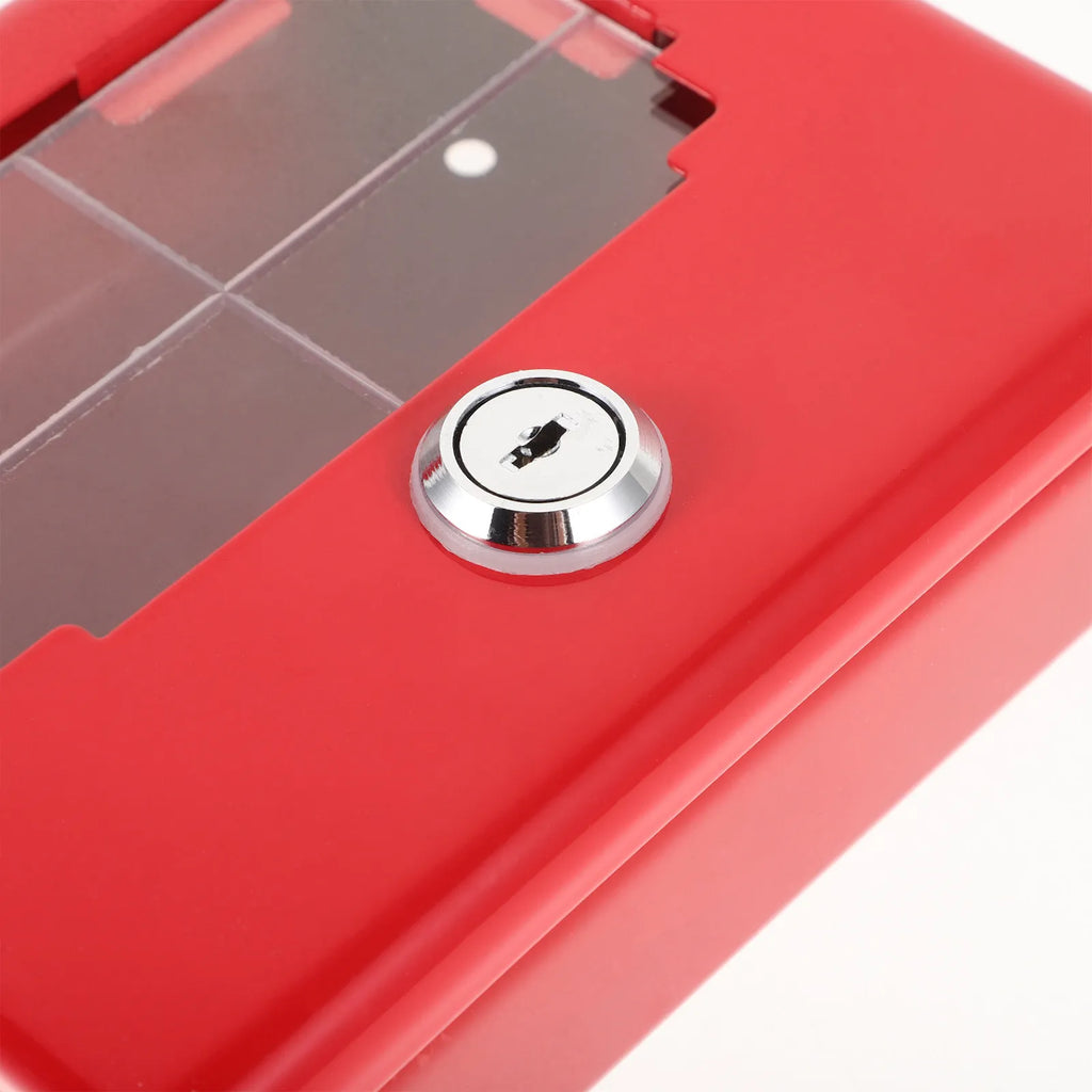 Red metal emergency key box with a clear plastic window and a chrome cylinder lock.