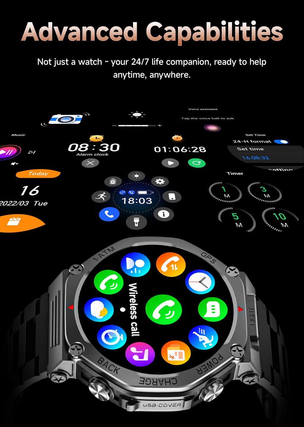 A rugged grey smartwatch with a round touchscreen display showing colourful app icons, features, and settings menus.