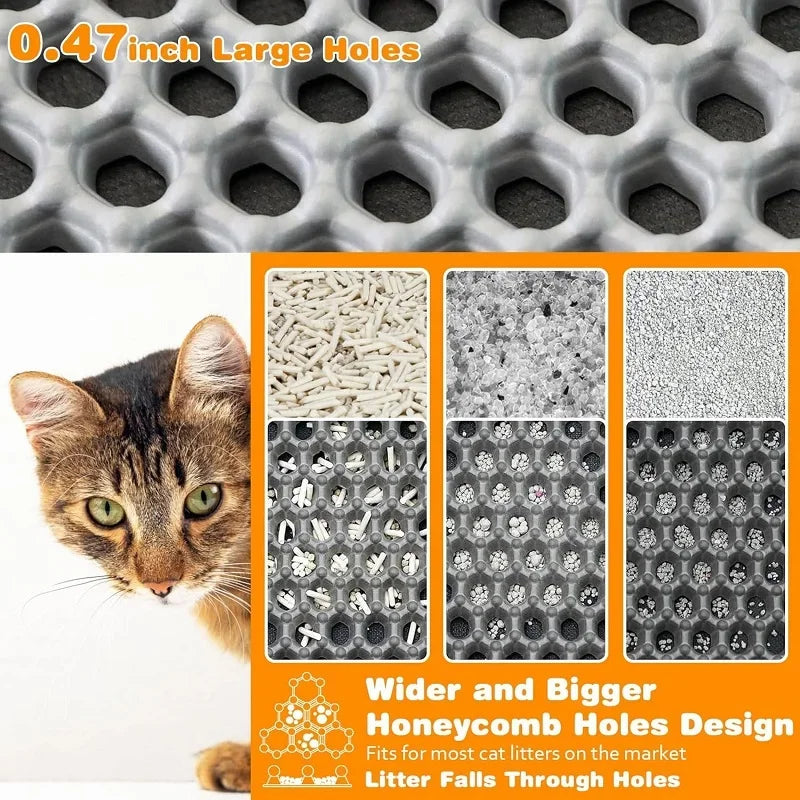 Grey, heavy-duty waterproof cat litter mat with a honeycomb design to trap various types of cat litter effectively.