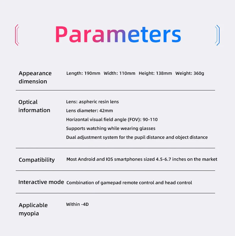 Technical specifications list for a VR headset, with blue and black text on a light gray background.