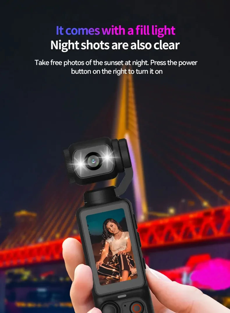 Handheld black plastic gimbal camera with a vertical screen and built-in LED fill light.