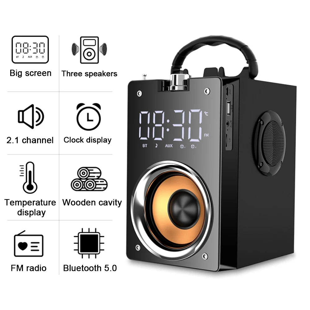 Portable black wooden Bluetooth speaker with a carry handle, digital clock, temperature display and front speaker.