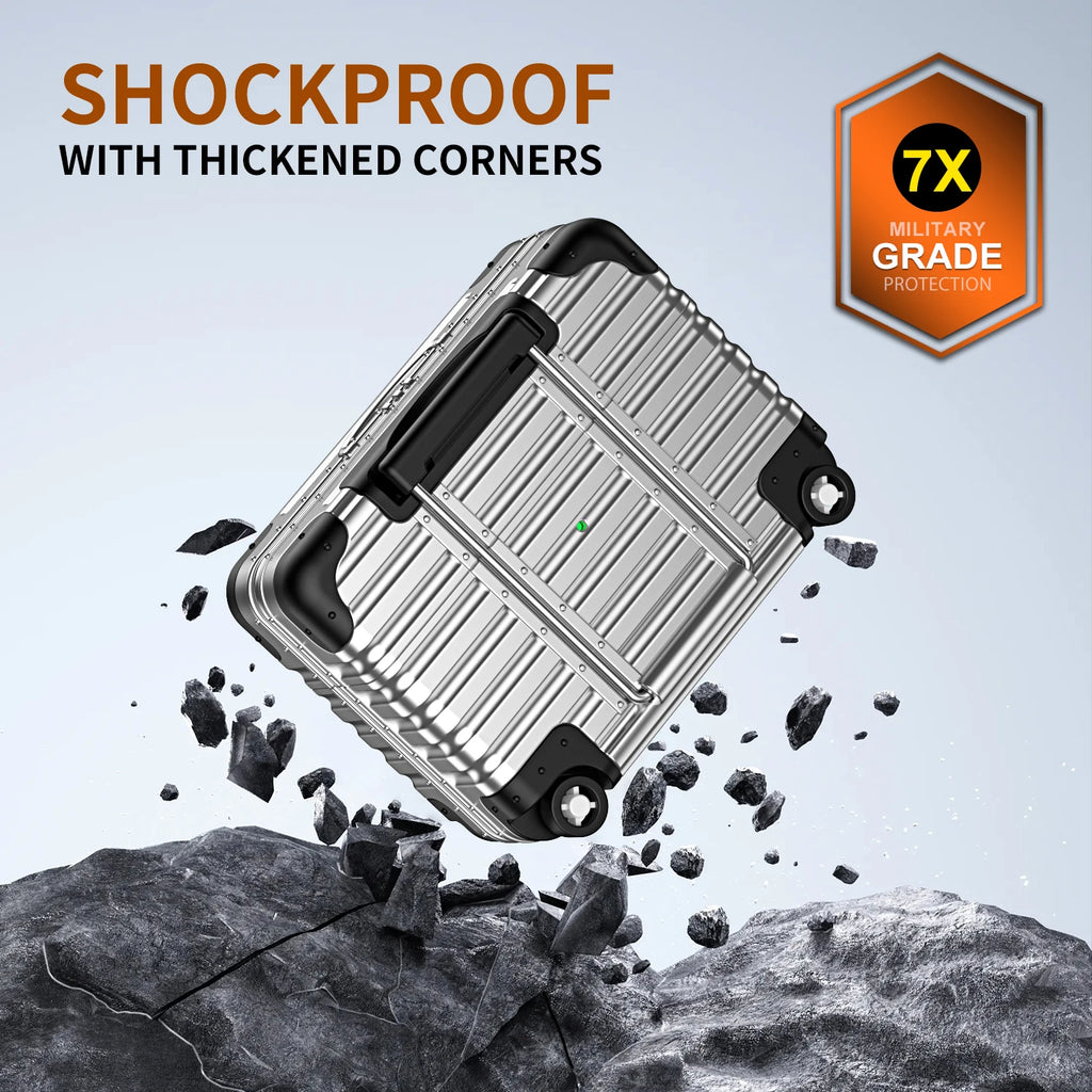 Shockproof silver metallic suitcase-style protective case for AirPods with reinforced corners.