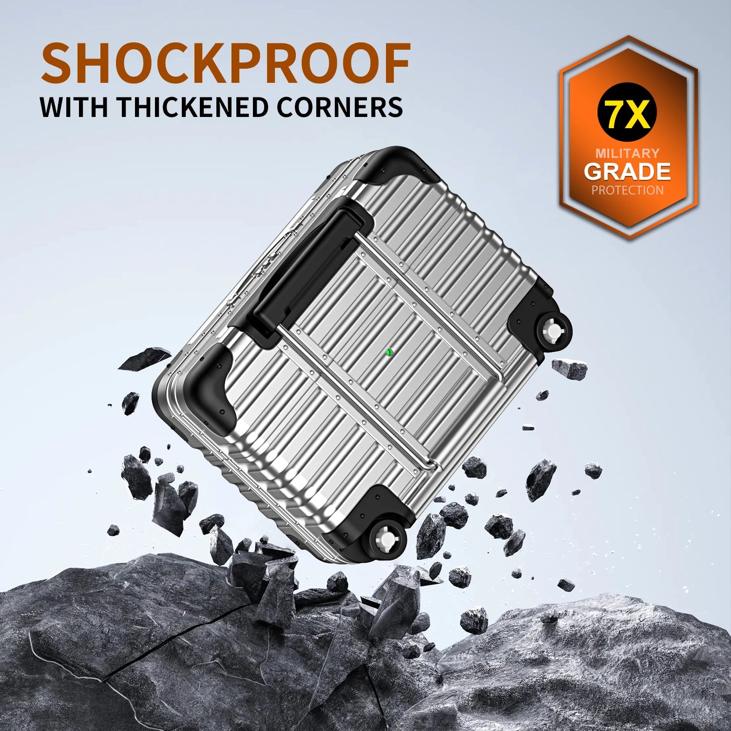 Shockproof silver metallic suitcase-style protective case for AirPods with reinforced corners.