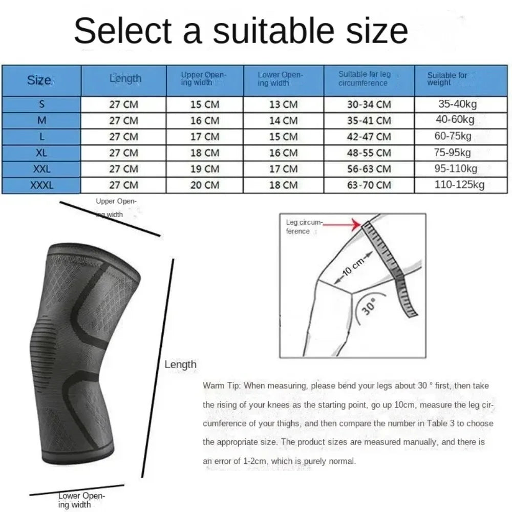 Grey elastic nylon knee support brace with ribbed kneecap texture and sizing chart.