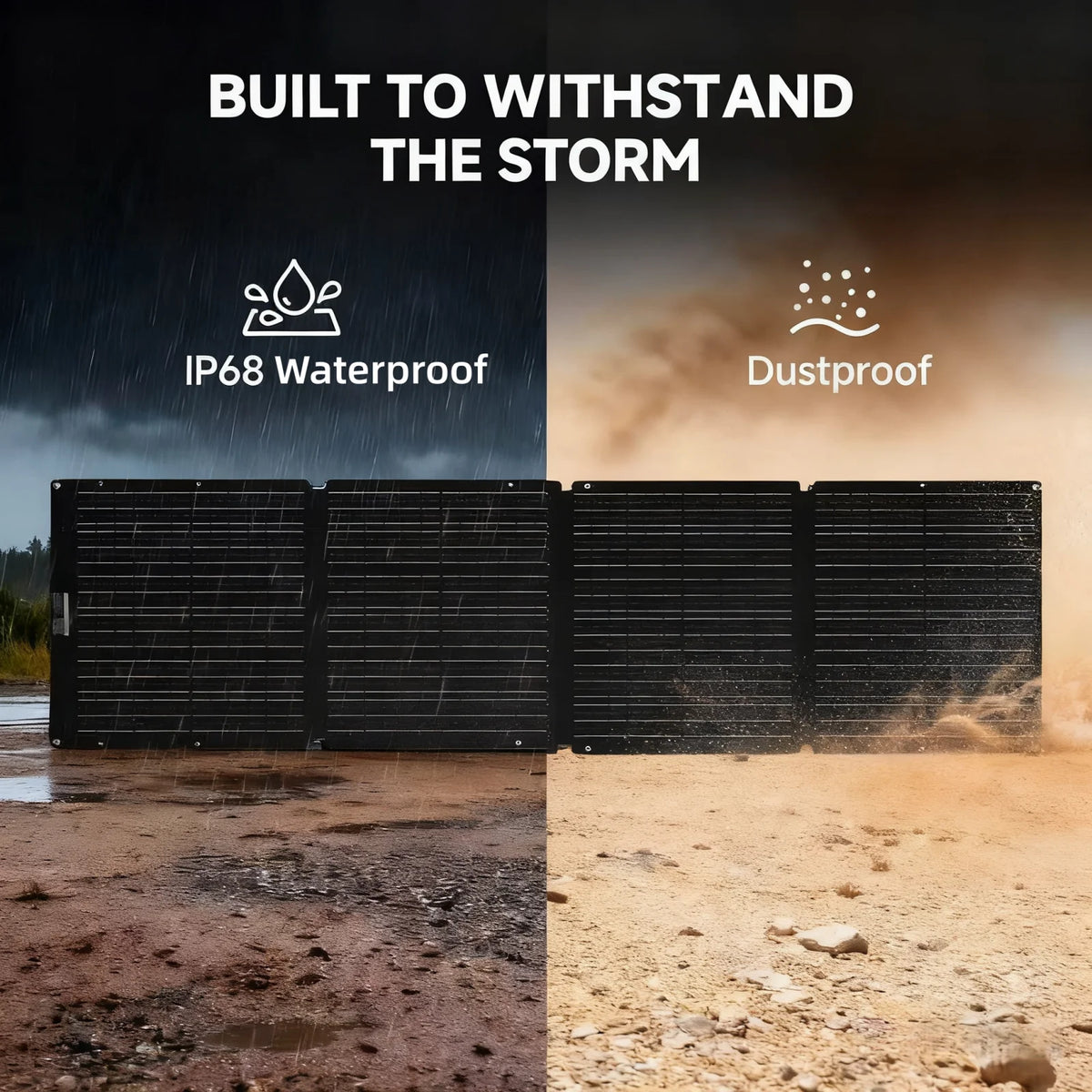 A folding solar panel tested in rain and dust storm conditions, highlighting durability.