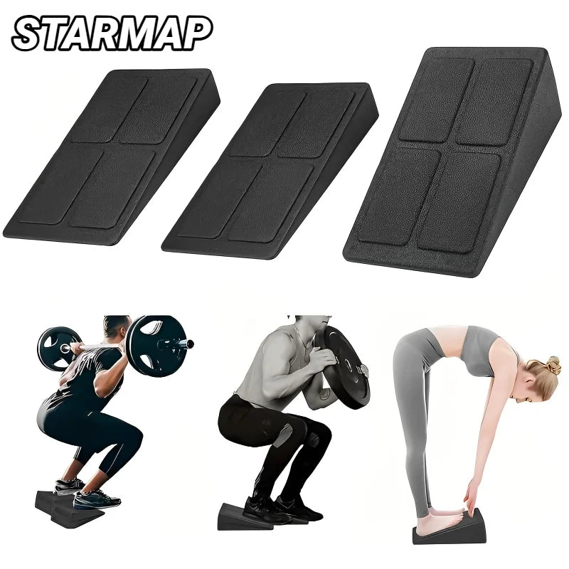 Three black foam slant boards for gym exercises, shown with people using them for squats and stretching.