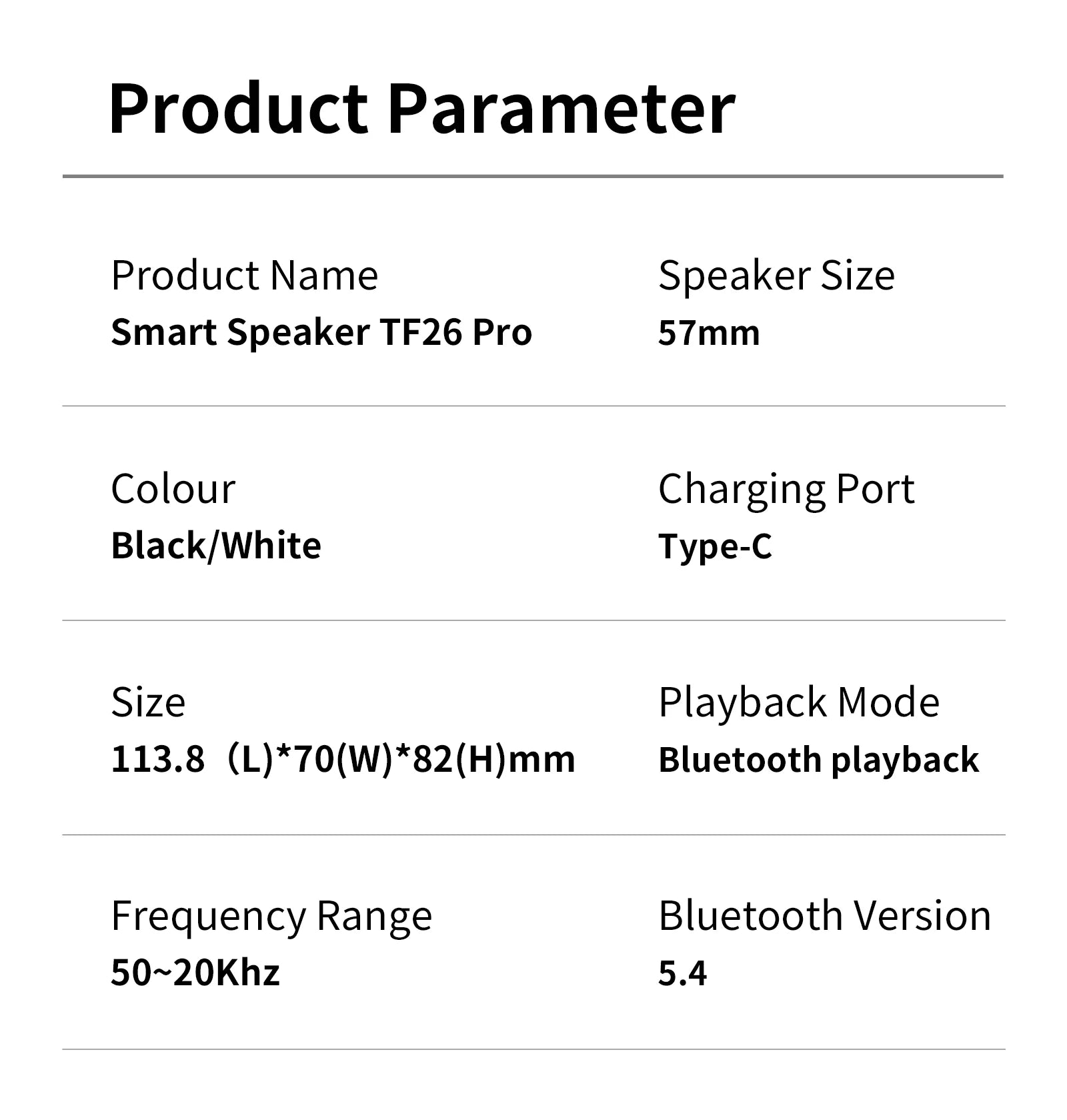 Technical specification table for a black or white smart speaker with Bluetooth 5.4 and USB-C charging.