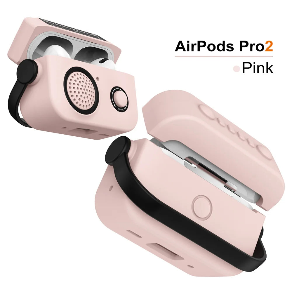 Pink silicone retro radio-style protective case for AirPods Pro 2 with black accents.