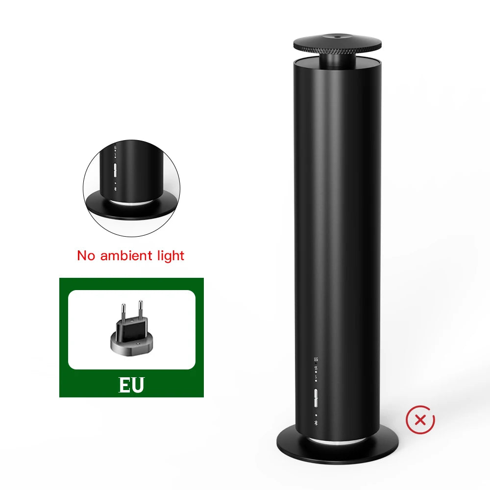 Tall, cylindrical matte black smart aroma diffuser with EU plug. Minimalist design, no ambient light.