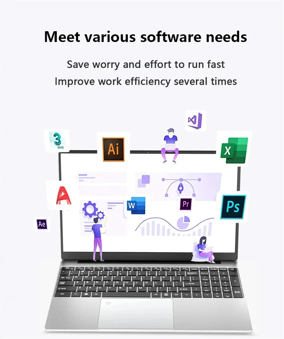 Silver 15.6-inch laptop with a full keyboard, displaying various professional software icons.