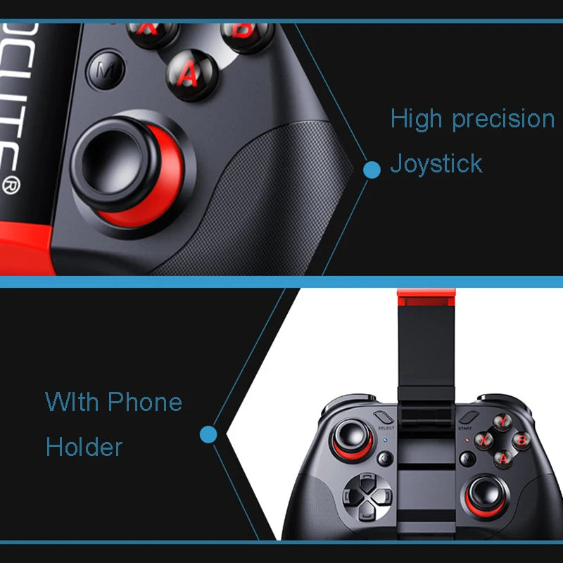 Black and red VR smartphone controller featuring high-precision joysticks and an integrated mobile phone holder.