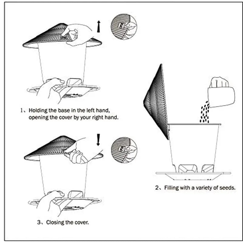 Line drawing instruction manual for a black cone-topped bird feeder, showing how to open, fill with seeds, and close.