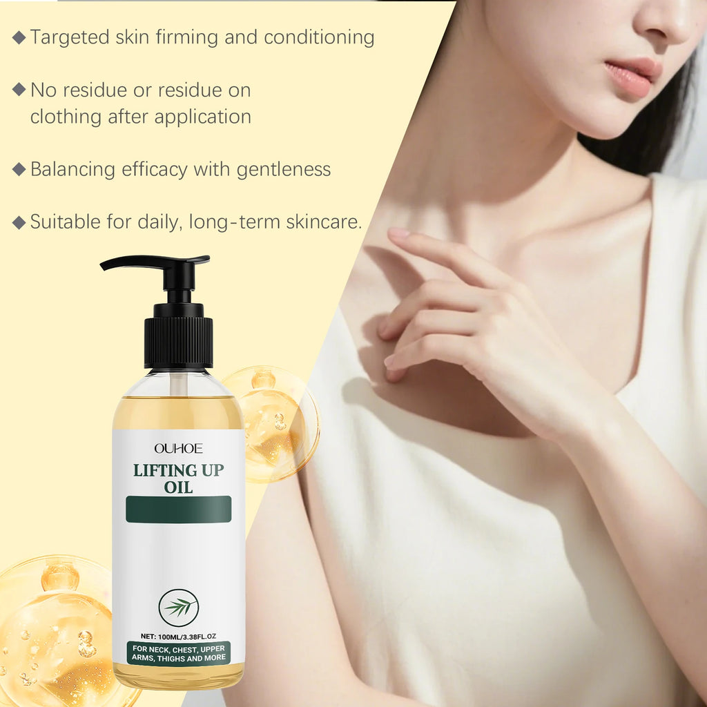 A 100ml pump bottle of skin-firming oil with white label, paired with a woman’s neck and chest skincare graphic.