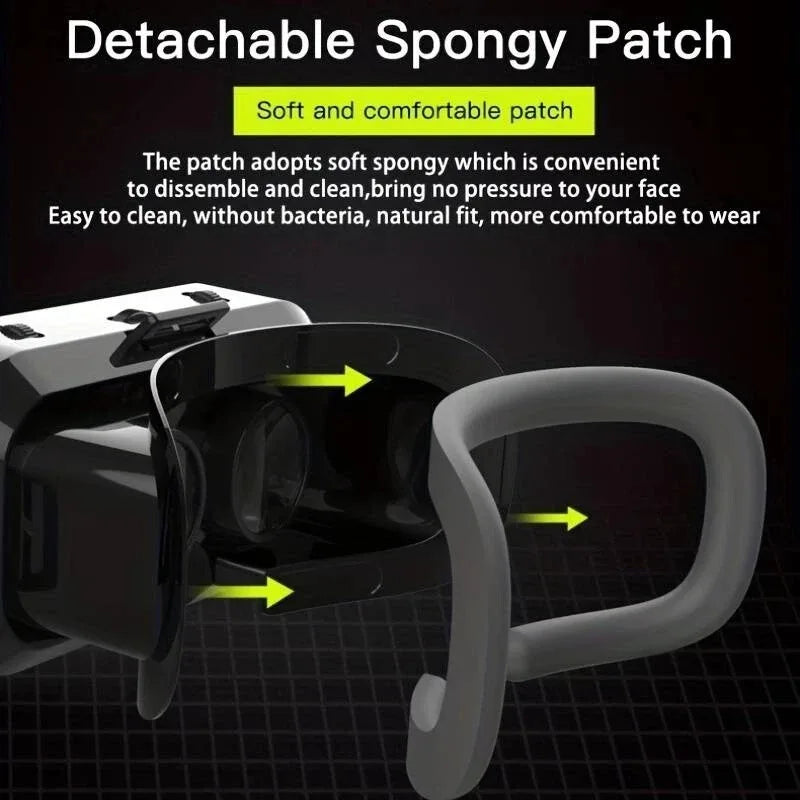 Black and white VR headset showing a soft, detachable grey foam face pad for comfortable gaming.