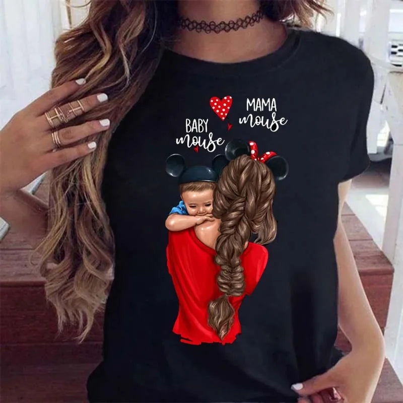 Black t-shirt featuring a graphic print of a mother holding a baby, with mouse ears and "Mama/Baby Mouse" text.