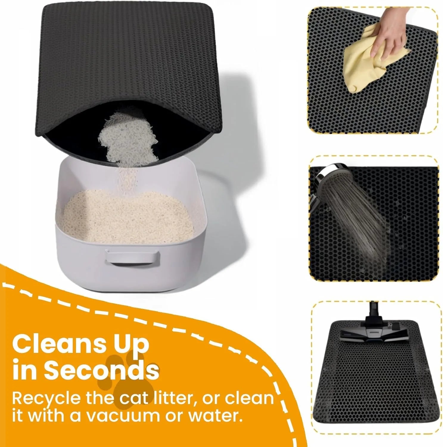 Black, double-layer, honeycombed waterproof cat litter mat that can be easily cleaned by rinsing or vacuuming.
