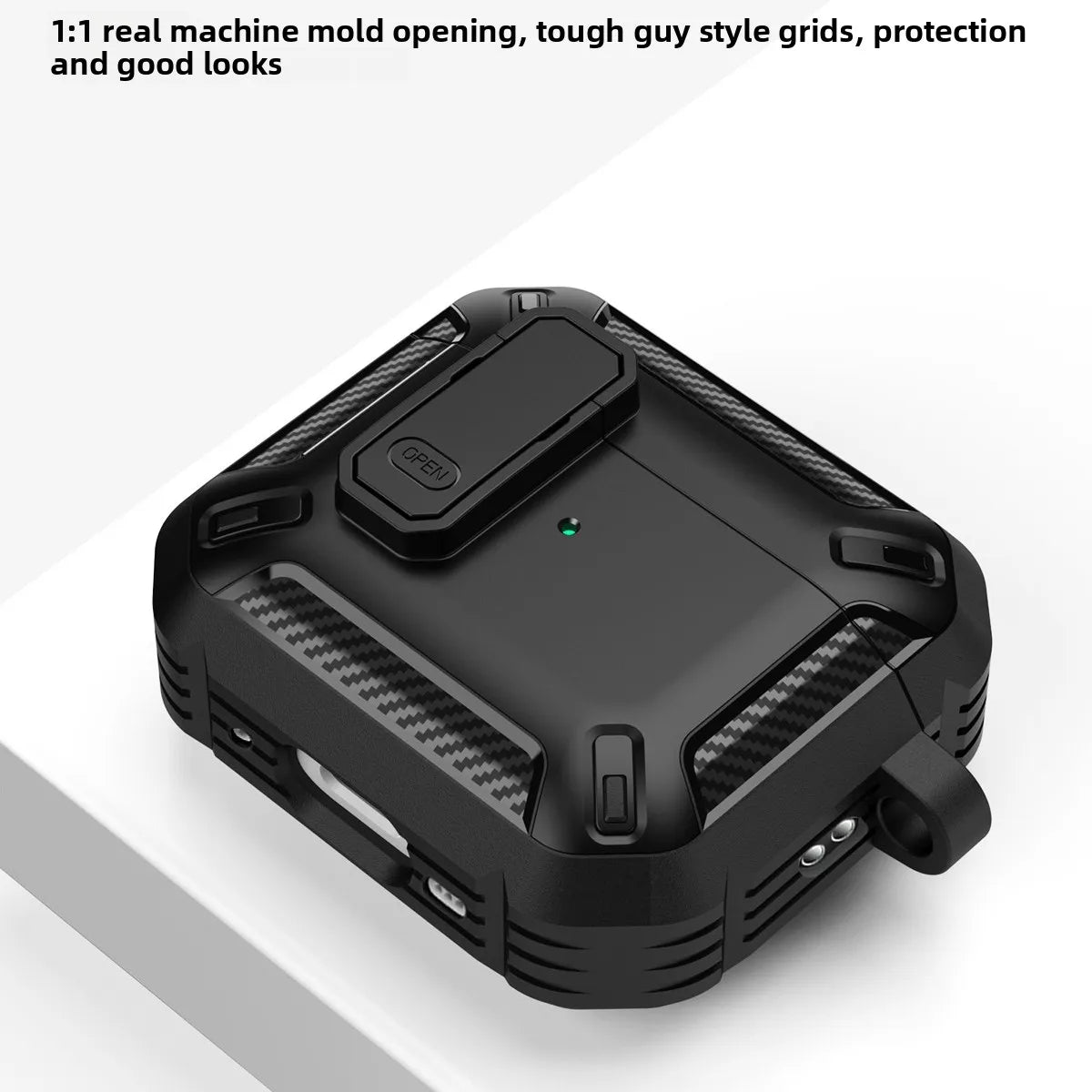 Rugged black carbon-fibre style AirPods protective case with secure locking mechanism on a white background.