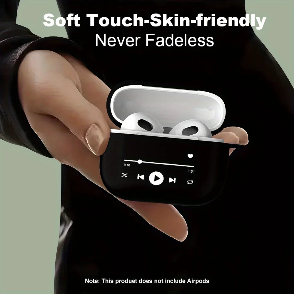 Black soft-touch silicone AirPods 3 case featuring a white music player interface print held in a hand.