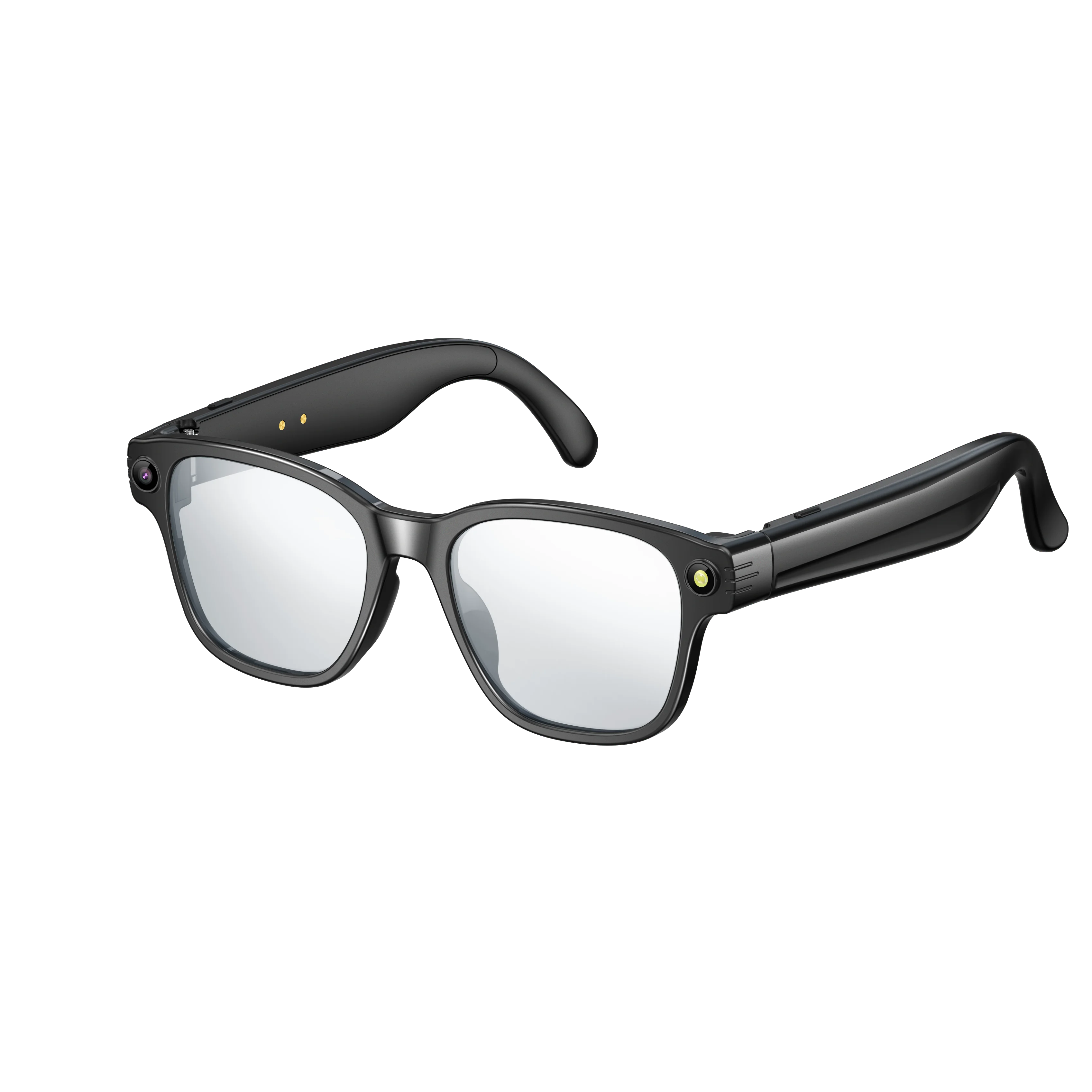 Sleek black smart glasses featuring a built-in camera, clear lenses, and a contemporary, lightweight frame design.