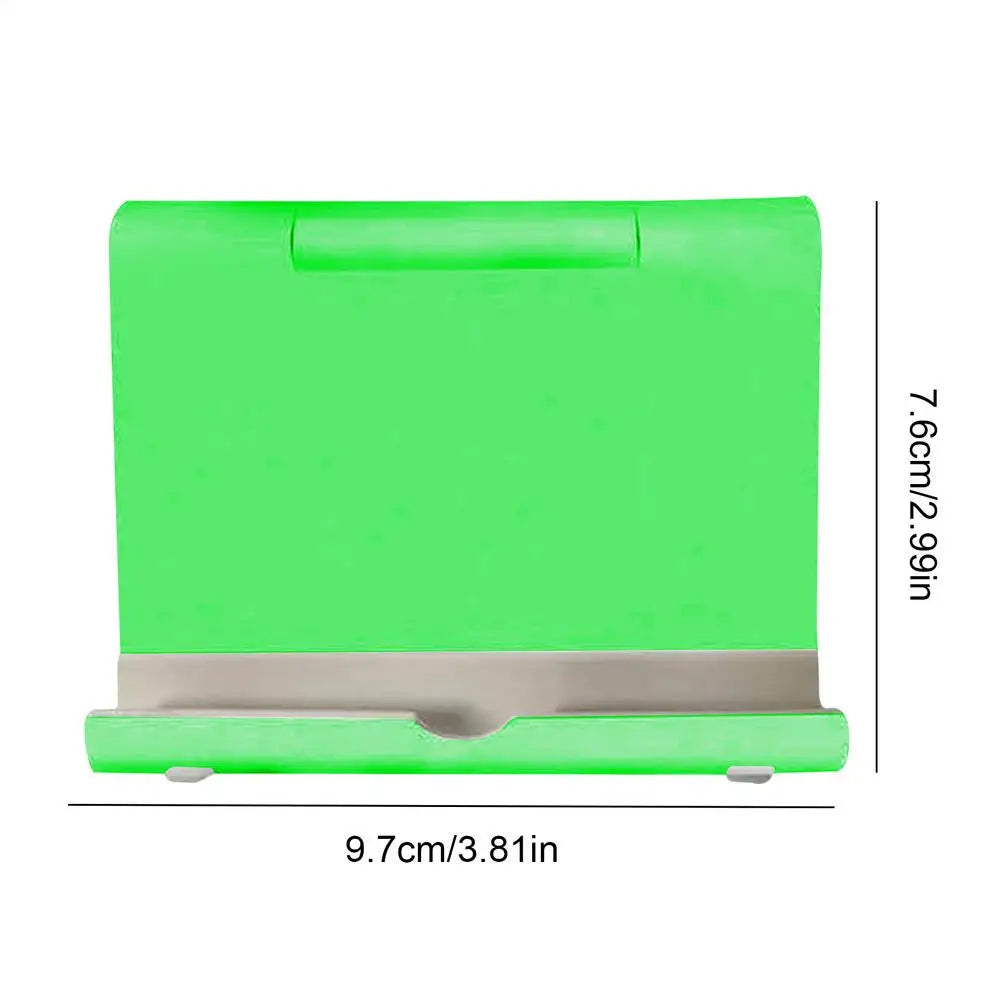 Bright green, foldable desk phone or tablet stand, featuring a grey shelf and compact dimensions of 9.7cm by 7.6cm.