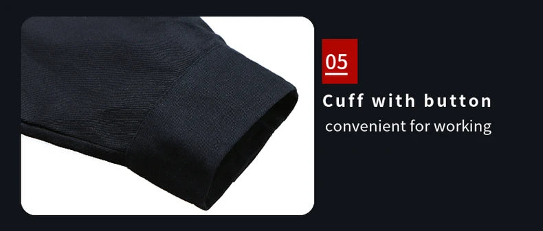Close-up of a navy blue long-sleeve work shirt cuff featuring a button fastening for a secure fit.