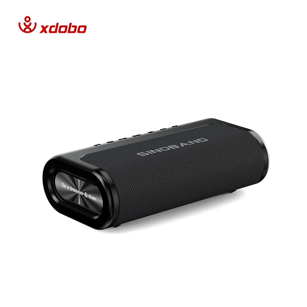 Black, rectangular portable 80W wireless Bluetooth speaker with a sleek mesh finish and top-mounted control buttons.