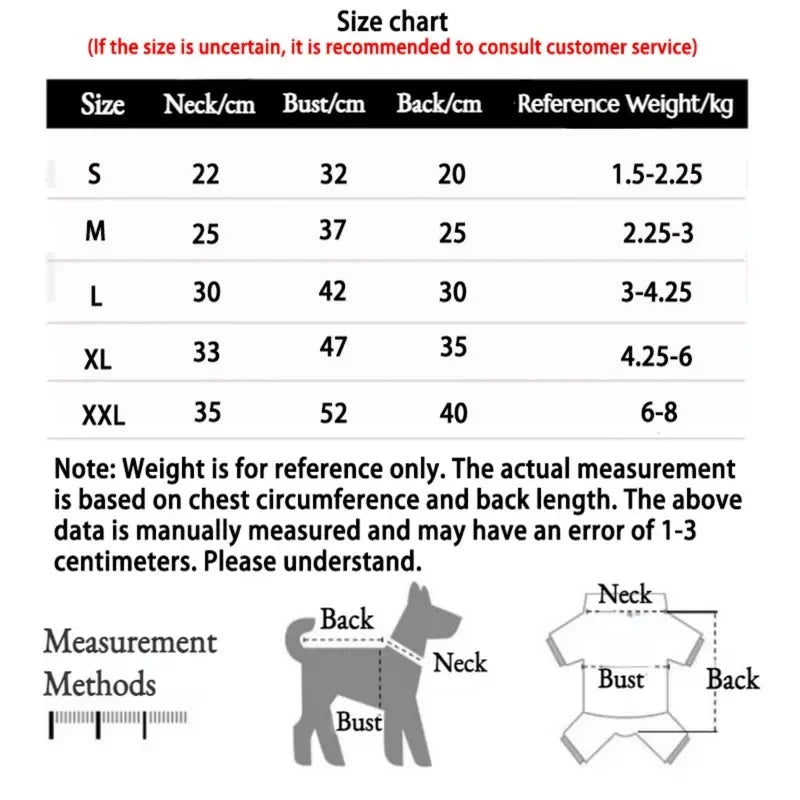 A sizing chart for a dog hoodie, showing measurement methods for neck, bust, and back length in centimetres.