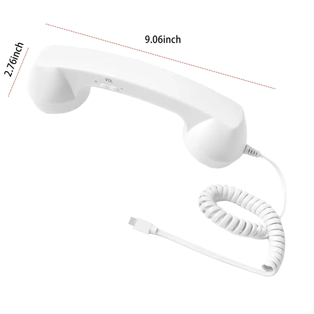 White retro-style telephone handset with a coiled cord, USB connector, and volume control switch.