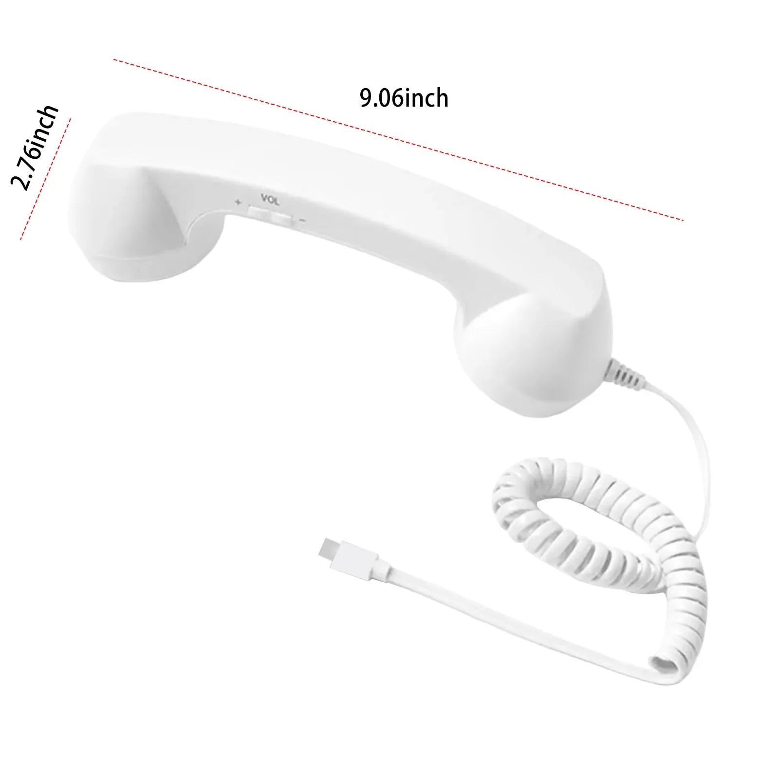 White retro-style telephone handset with a coiled cord, USB connector, and volume control switch.