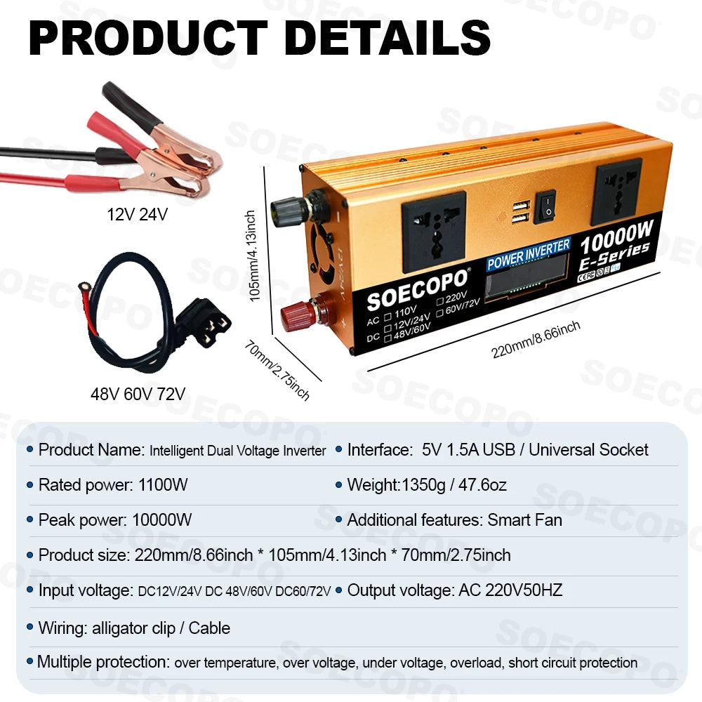 Gold-coloured car power inverter with universal sockets, USB ports, cooling fan, battery cables and alligator clips.