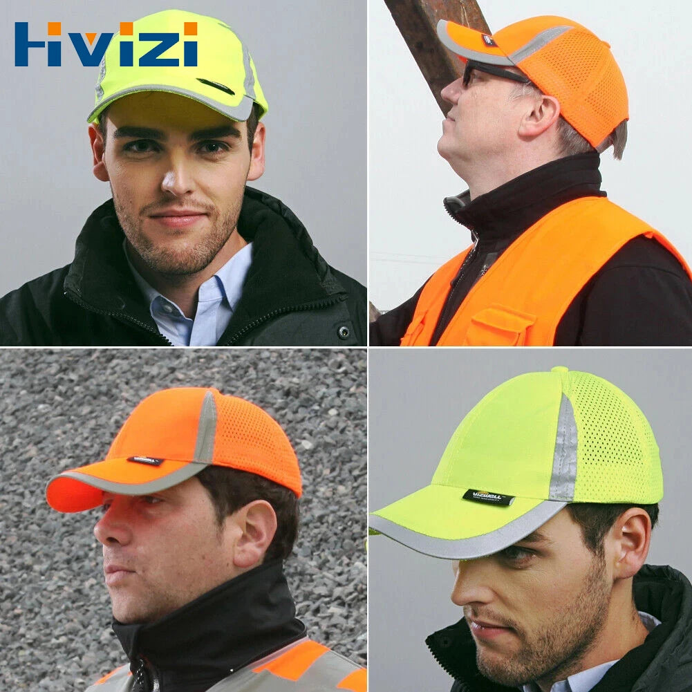 Breathable, high-visibility work caps in neon yellow or orange, featuring reflective strips for safety.