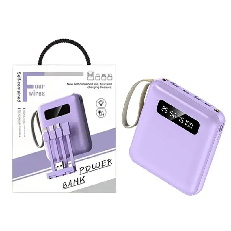 Mini purple portable power bank with digital display, carry strap, and four integrated charging cables in its packaging.