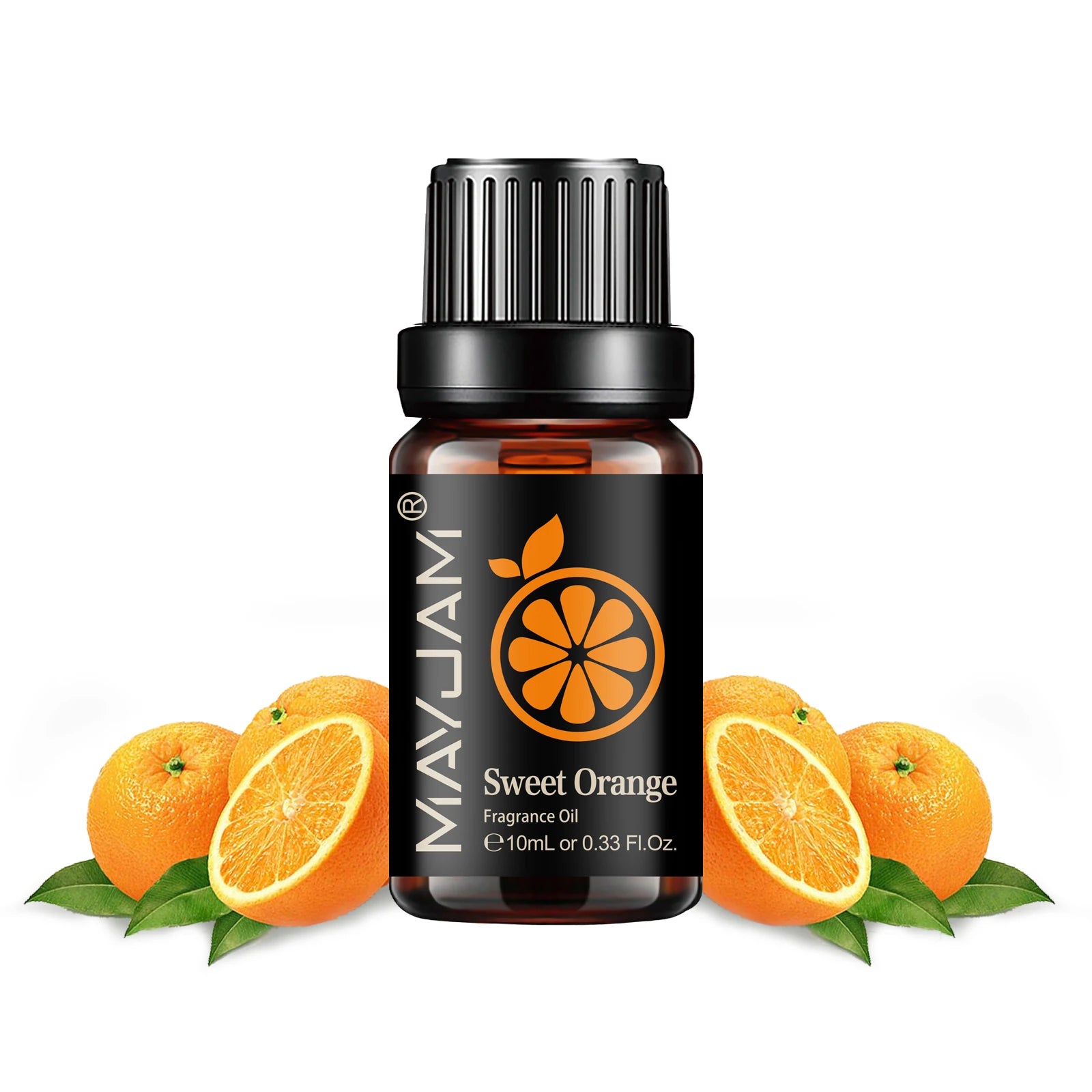 10ml bottle of Sweet Orange fragrance oil in an amber glass bottle with a black lid, surrounded by fresh oranges.