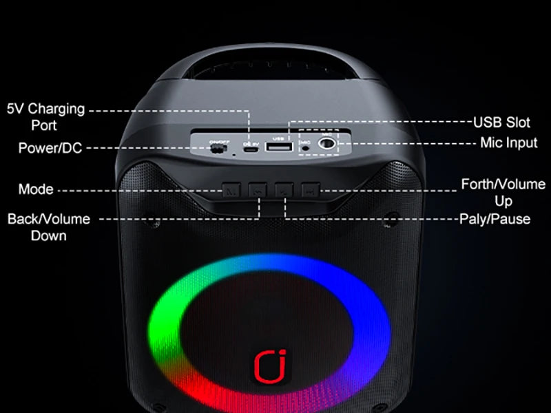 Black portable wireless speaker featuring a colourful LED light ring and a top control panel with mic input.