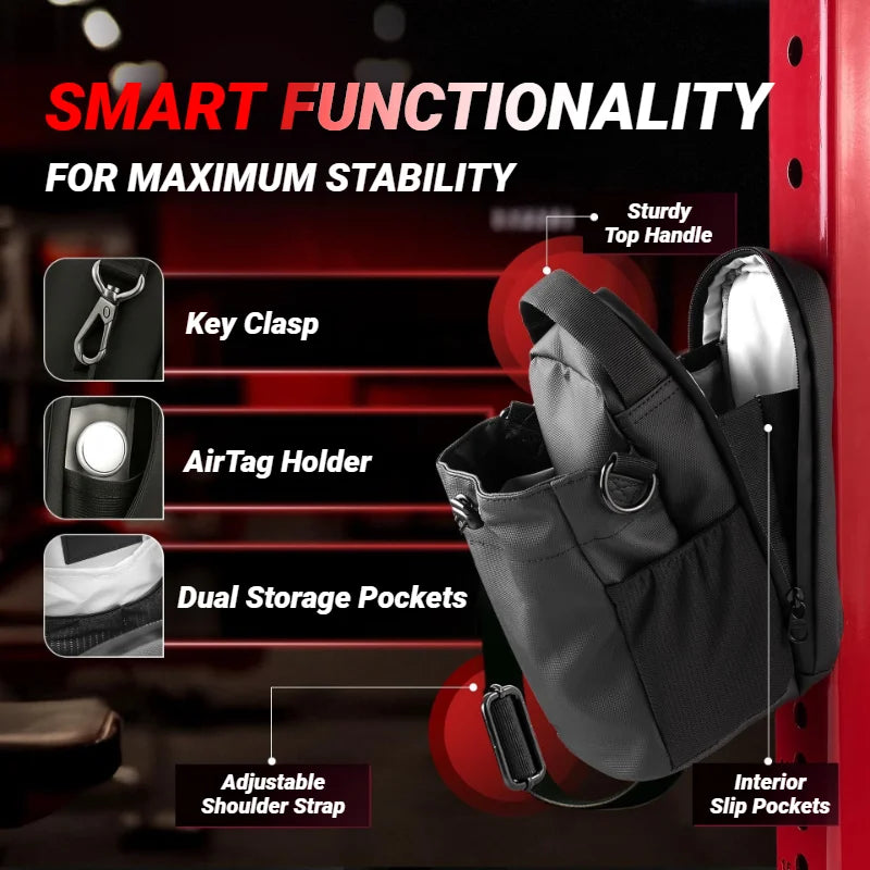 Black gym bag with top handle, key clasp, AirTag holder, adjustable strap, and multiple internal storage pockets.