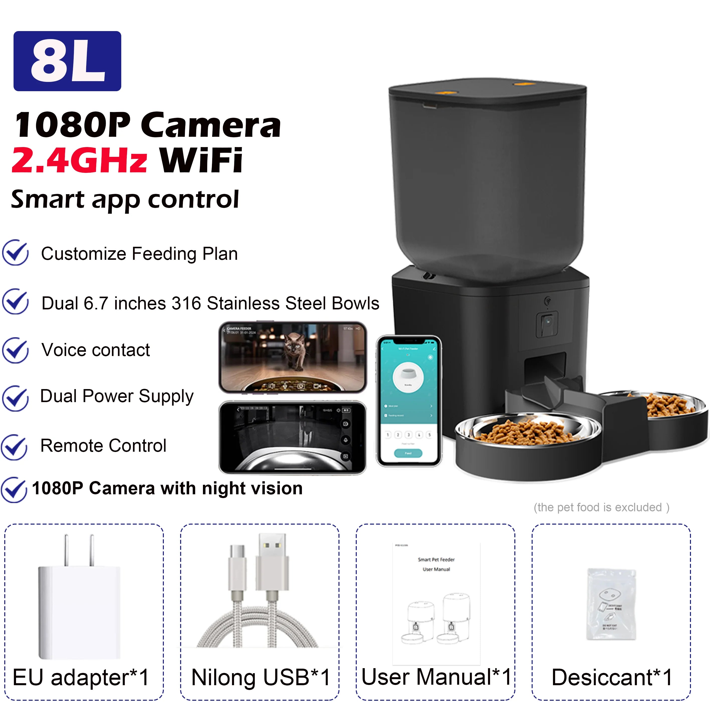 8L smart pet feeder in black with 1080P camera, dual stainless steel bowls, and mobile app features.