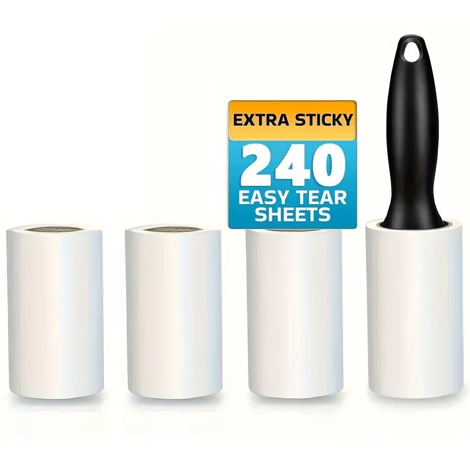 Lint roller set with black handle and three spare white sticky tape refills. 240 easy-tear sheets total.