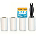 Lint roller set with black handle and three spare white sticky tape refills. 240 easy-tear sheets total.