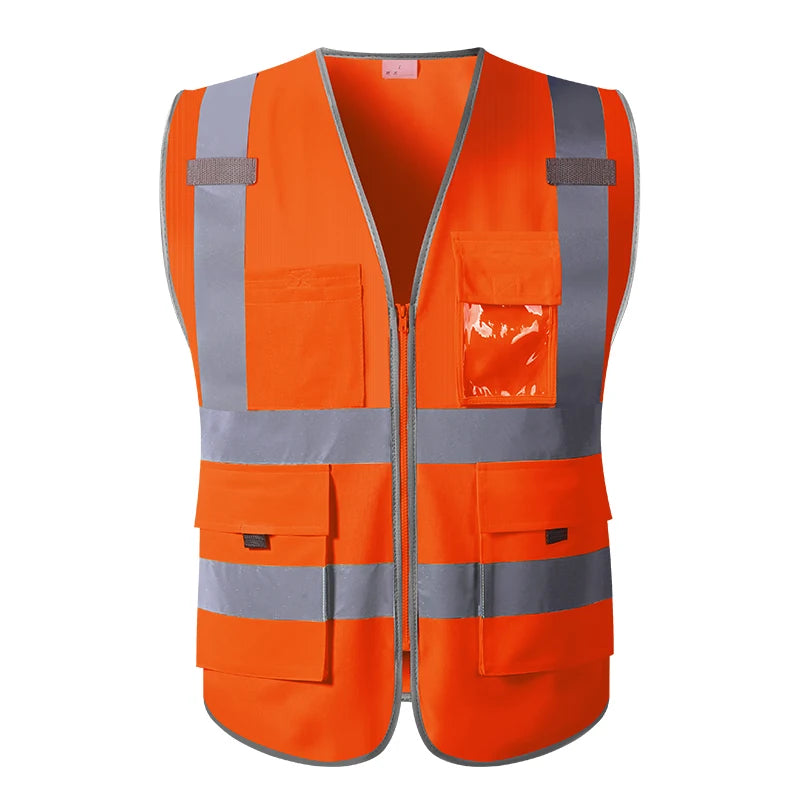 High-visibility orange zip-up work vest with silver reflective stripes, multiple storage pockets, and an ID pouch.