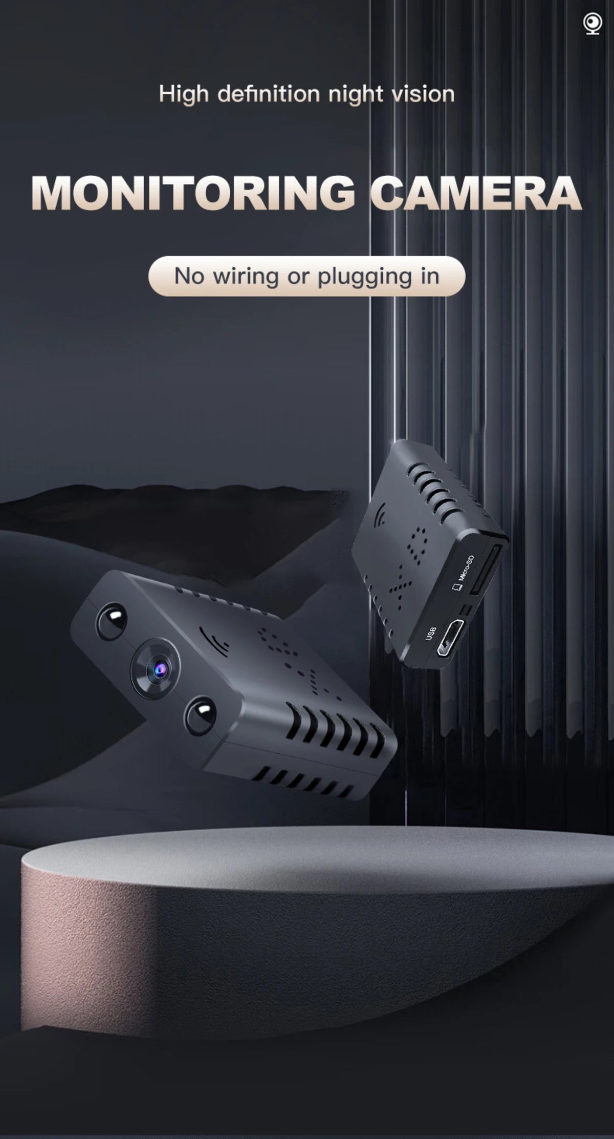 Black plastic portable wireless security camera with night vision, Micro-SD slot, and USB port.