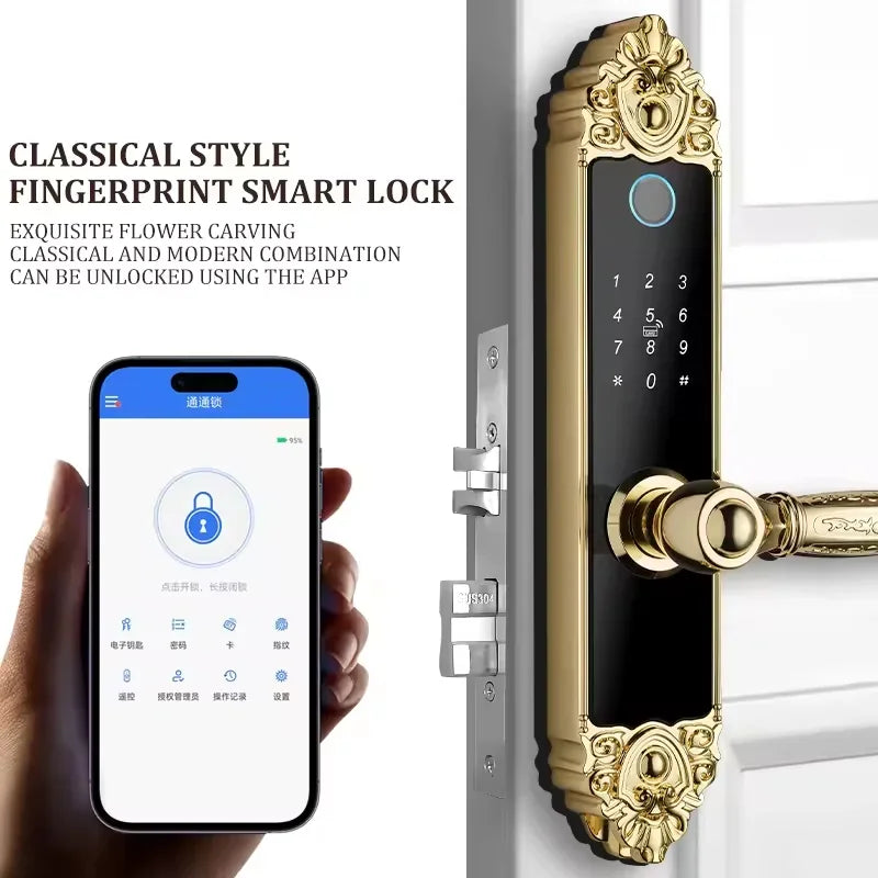 Gold and black smart door lock with flower carvings, fingerprint scanner, keypad, and smartphone app control.