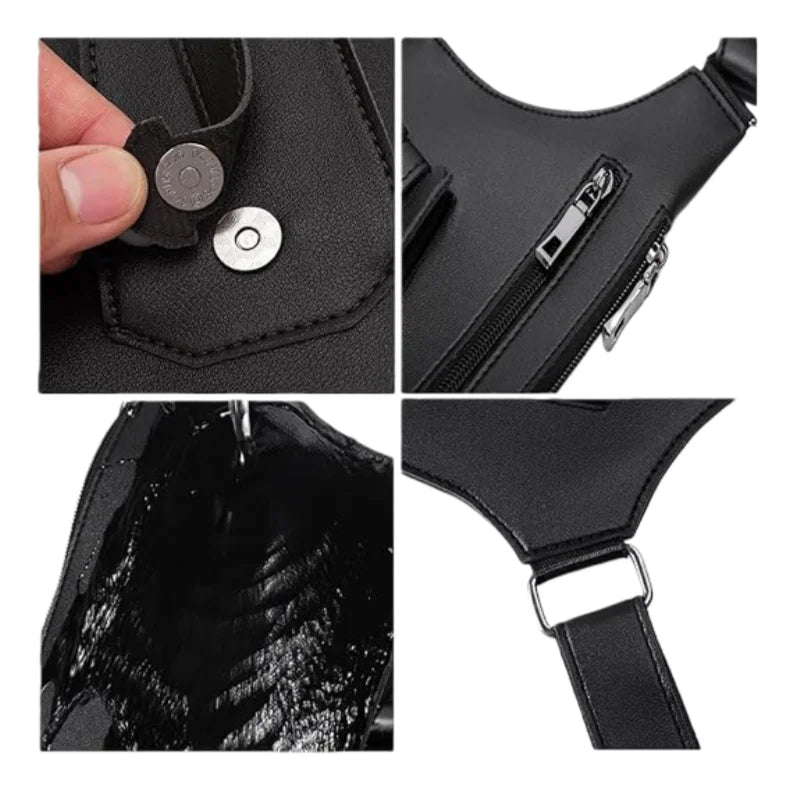 Black tactical crossbody bag with magnetic snap pockets, zip compartments, internal lining and adjustable strap.