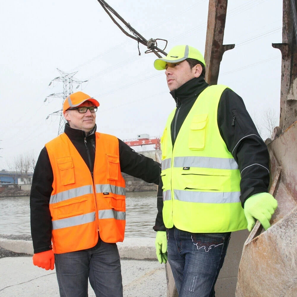 Two men wearing breathable, high-visibility reflective baseball caps in bright orange and neon yellow workwear vests.