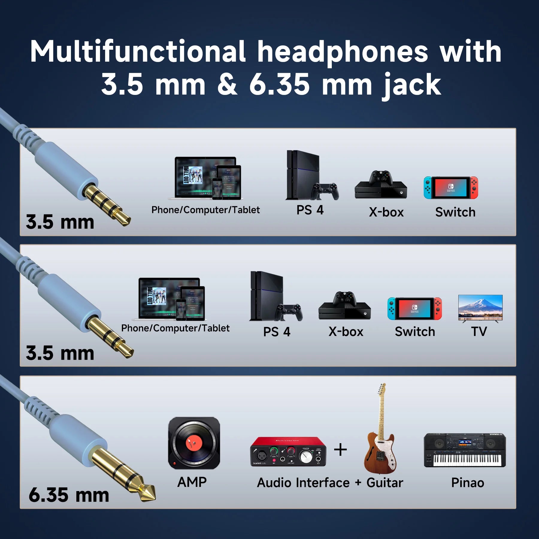Wired studio headphones featuring both 3.5mm and 6.35mm gold-plated jacks for universal device compatibility.