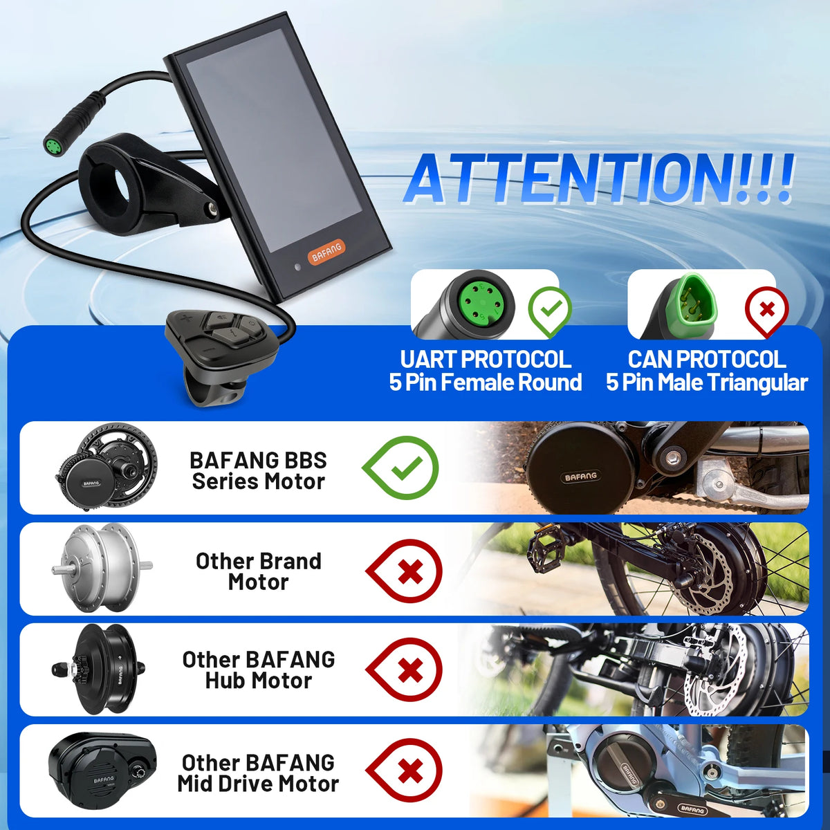Black Bafang DPC18 electric bike display with rectangular screen, handlebar mount, control pad, and connecting cable.